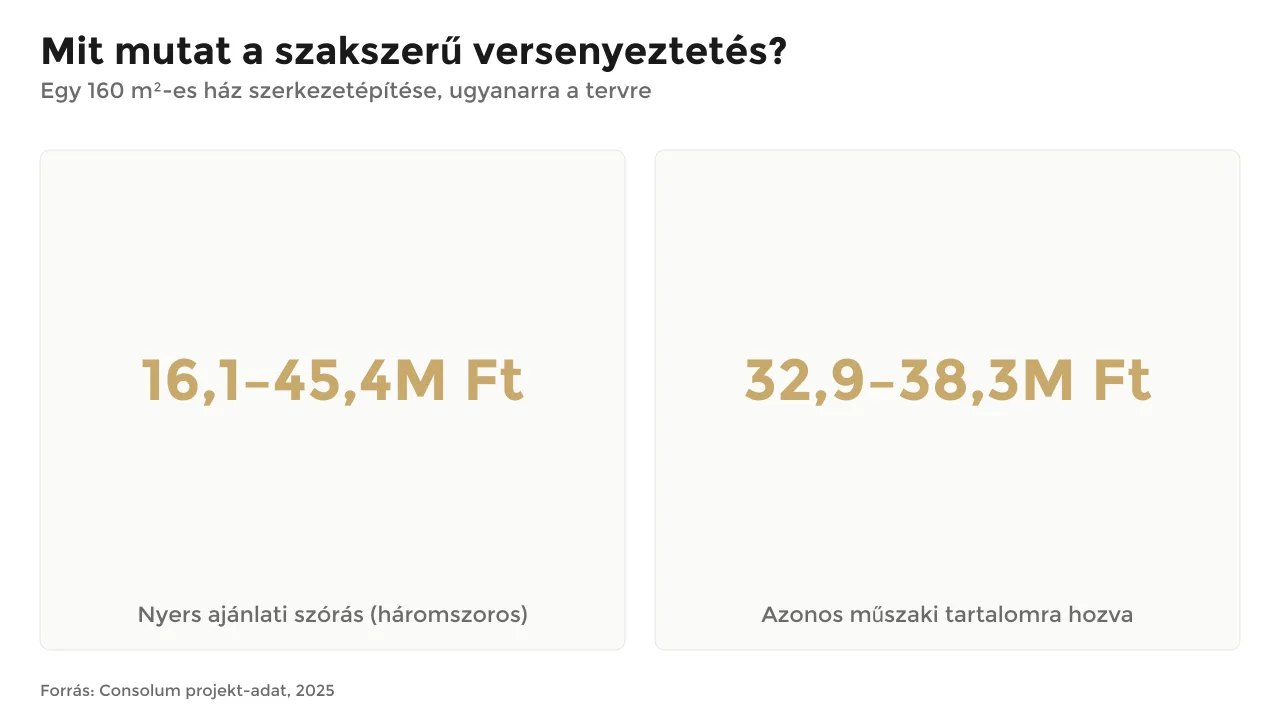 Két kártya: a nyers ajánlati szórás 16,1-45,4 millió forint, azonos műszaki tartalomra hozva 32,9-38,3 millió forint egy 160 négyzetméteres ház szerkezetépítésére