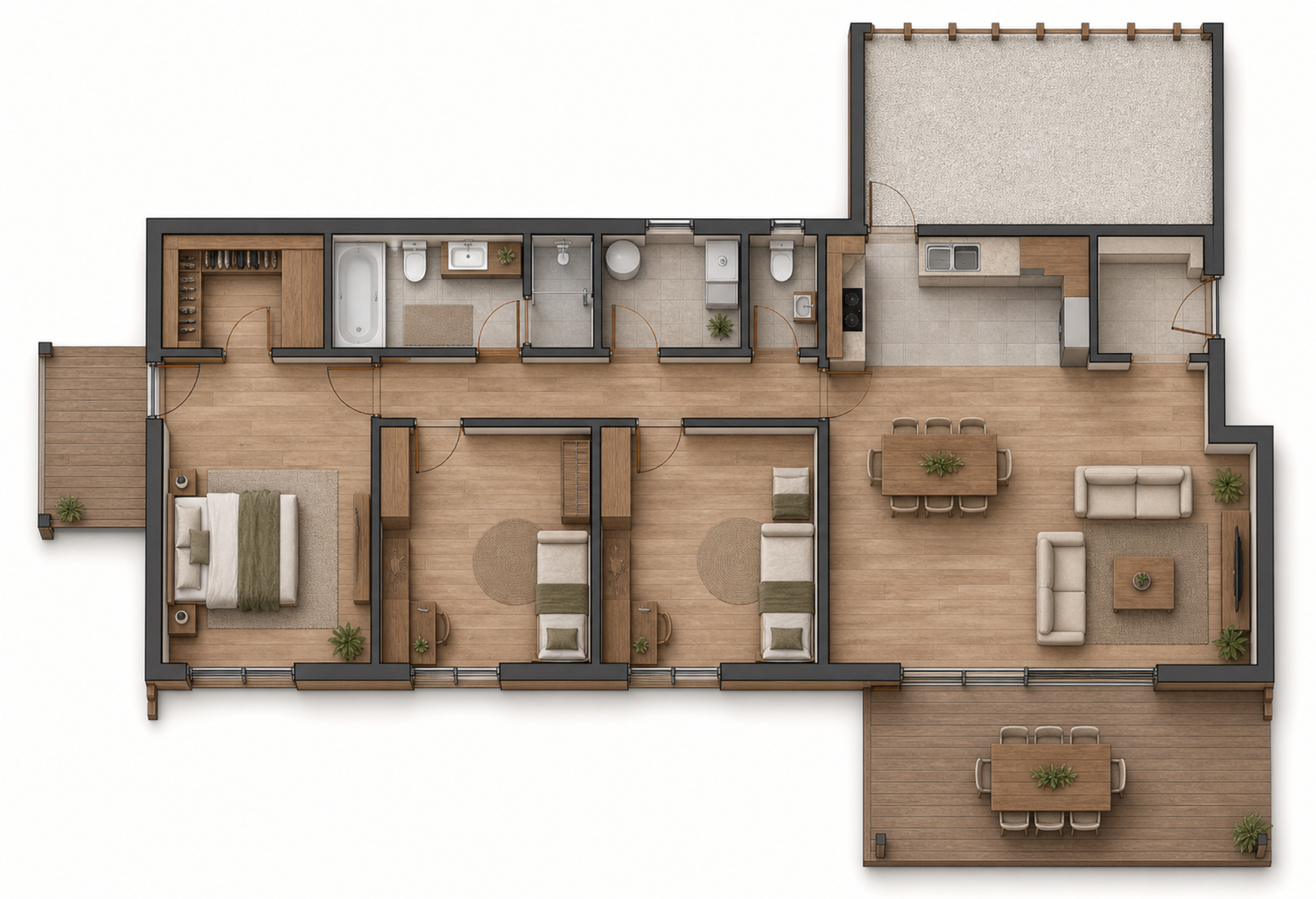 Az Espresso egyszintes, bútorozott alaprajza három hálószobával, egybenyitott közösségi térrel és teraszokkal.